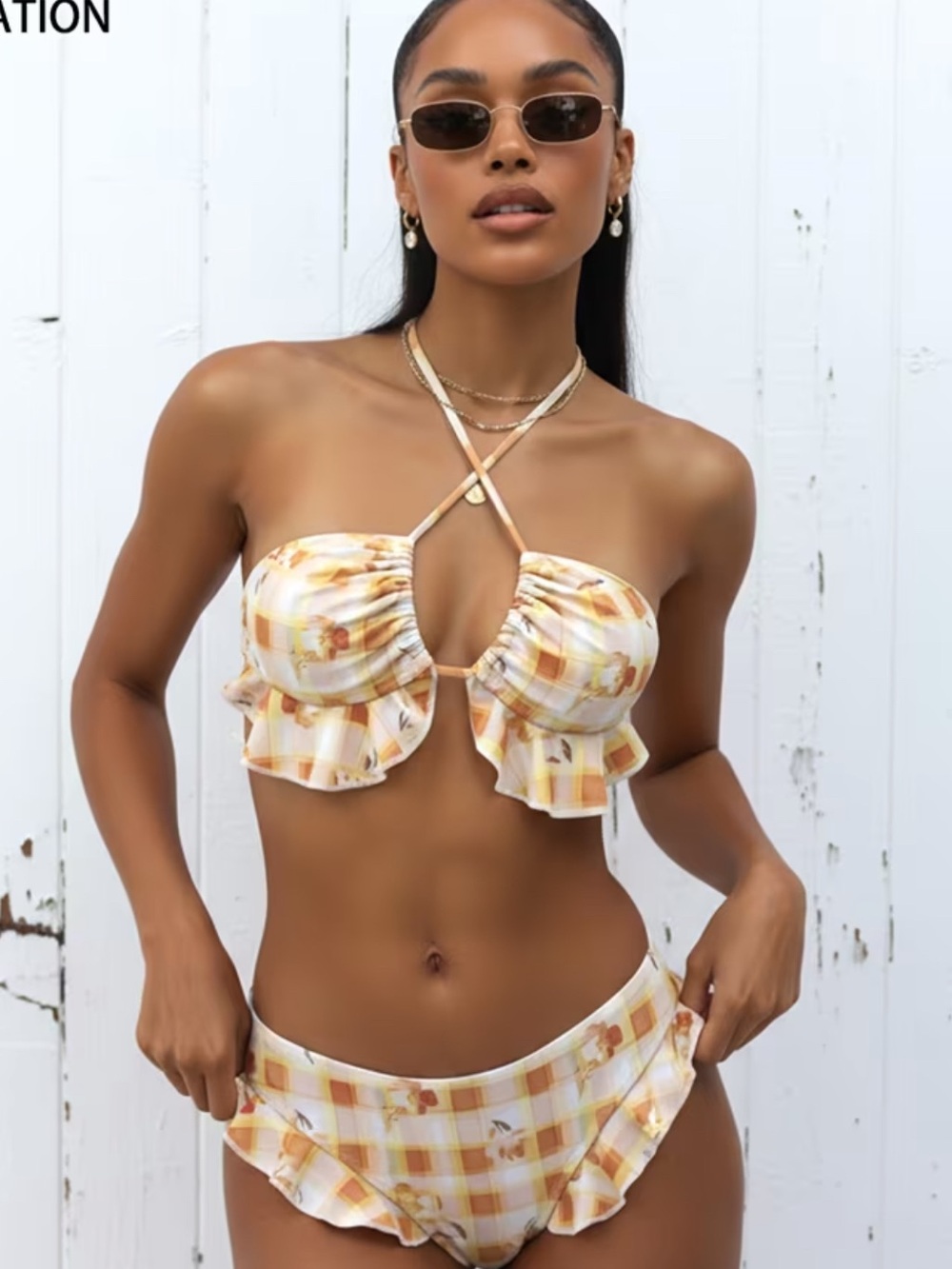 Checked Ruffle Halter Bikini Set - Yellow Plaid